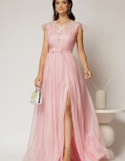  Rochie DY Fashion lunga roz de seara din voal creponat si funda in talie
