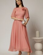  Rochie DY Fashion lunga roz din voal cu fir lurex in clos cu accesoriu la bust