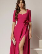  Rochie DY Fashion magenta cu decolteu inima si detaliu floral in talie