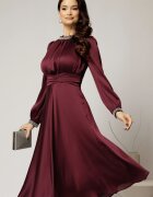  Rochie DY Fashion magenta din voal cu perle la guler si maneci