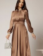  Rochie DY Fashion maro din voal cu perle la guler si maneci