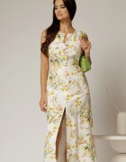  Rochie DY Fashion midi alba cu imprimeuri din in cu nasturi pe bust fara maneci