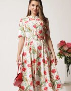  Rochie DY Fashion midi alba in clos din triplu voal cu flori rosii si curea in talie
