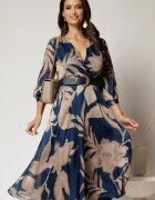  Rochie DY Fashion midi albastru petrol din voal satinat cu imprimeu bej