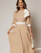  Rochie DY Fashion midi bej cu buline si funda ampla pe umar