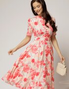  Rochie DY Fashion midi bej cu imprimeu corai in clos din triplu voal cu nasturi la bust si curea in talie
