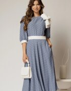  Rochie DY Fashion midi bleu cu buline si funda ampla pe umar