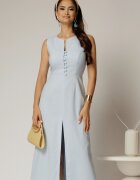  Rochie DY Fashion midi bleu din in cu nasturi pe bust fara maneci