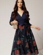  Rochie DY Fashion midi bleumarin cu decolteu petrecut si fusta din voal imprimat