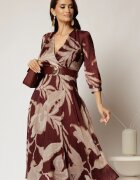  Rochie DY Fashion midi bordo din voal satinat cu imprimeu bej