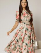  Rochie DY Fashion midi cu imprimeu kaki in clos din triplu voal cu nasturi la bust si curea in talie