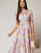  Rochie DY Fashion midi cu imprimeu lila in clos din triplu voal cu nasturi la bust si curea in talie