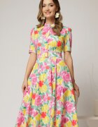  Rochie DY Fashion midi cu imprimeu roz si galben in clos din triplu voal cu nasturi la bust si curea in talie