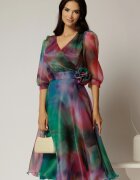  Rochie DY Fashion midi din organza cu imprimeuri verde fucsia