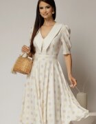  Rochie DY Fashion midi din triplu voal cu buline si guler ascutit si nasturi la maneci