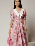  Rochie DY Fashion midi din triplu voal cu print roz si guler ascutit si nasturi la maneci