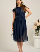  Rochie DY Fashion midi din tull bleumarin in clos cu pene la umeri