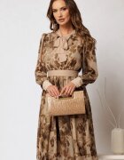  Rochie DY Fashion midi din voal cu imprimeuri bej si cordon in talie