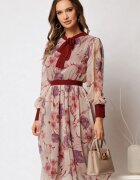  Rochie DY Fashion midi din voal cu imprimeuri bordo si cordon in talie