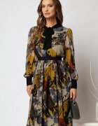 Rochie DY Fashion midi din voal cu imprimeuri negre si cordon in talie