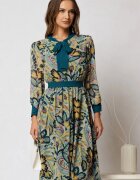  Rochie DY Fashion midi din voal cu imprimeuri turcoaz si cordon in talie
