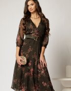  Rochie DY Fashion midi din voal kaki cu imprimeu roze si decolteu petrecut