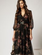  Rochie DY Fashion midi din voal negru cu imprimeu roze si decolteu petrecut