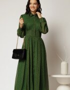  Rochie DY Fashion midi din voal verde cu buline si croi tip camasa