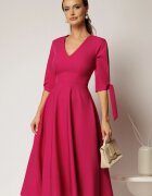  Rochie DY Fashion midi fucsia cu decolteu in V si funde la maneci