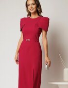  Rochie DY Fashion midi fucsia de ocazie cu umeri bufanti si cordon detasabil
