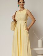  Rochie DY Fashion midi galbena din bumbac cu nasturi si cusaturi pe talie