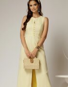  Rochie DY Fashion midi galbena din in cu nasturi pe bust fara maneci