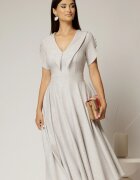  Rochie DY Fashion midi gri cu guler ascutit si maneci scurte cu nasturi