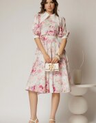  Rochie DY Fashion midi imprimeu floral roz cu guler ascutit si maneci bufante