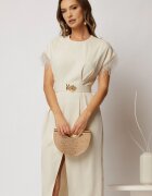  Rochie DY Fashion midi ivoar din triplu voal cu pene la maneci