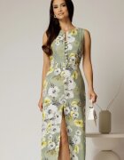  Rochie DY Fashion midi kaki cu imprimeuri din in cu nasturi pe bust fara maneci
