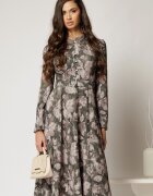 Rochie DY Fashion midi kaki cu imprimeuri eleganta cu nasturi si curea in talie