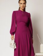  Rochie DY Fashion midi magenta cu decupaj la decolteu si pliuri pe fusta
