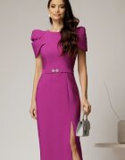  Rochie DY Fashion midi magenta de ocazie cu umeri bufanti si cordon detasabil