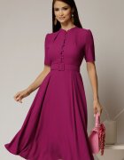  Rochie DY Fashion midi magenta in clos din triplu voal cu nasturi la bust si curea in talie