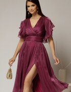  Rochie DY Fashion midi mov pruna cu manecile suprapuse si decolteu petrecut