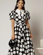  Rochie DY Fashion midi neagra cu buline din poplin cu guer ascutit si maneci scurte bufante