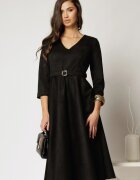  Rochie DY Fashion midi neagra din piele intoarsa cu decolteu in V
