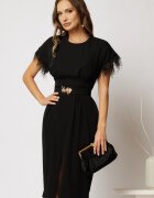  Rochie DY Fashion midi neagra din triplu voal cu pene la maneci