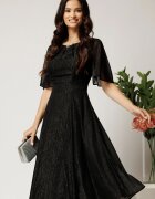  Rochie DY Fashion midi neagra din voal in clos cu fir lurex si accesoriu la decolteu