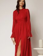  Rochie DY Fashion midi rosu inchis din tulle fin in clos cu crapatura pe picior