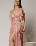  Rochie DY Fashion midi roz cu manecile suprapuse si decolteu petrecut