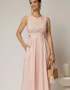  Rochie DY Fashion midi roz din bumbac cu nasturi si cusaturi pe talie