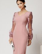  Rochie DY Fashion midi roz din stofa conica cu maneci din dantela