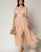 Rochie DY Fashion midi roz din tull cu buline si funde ample pe umeri